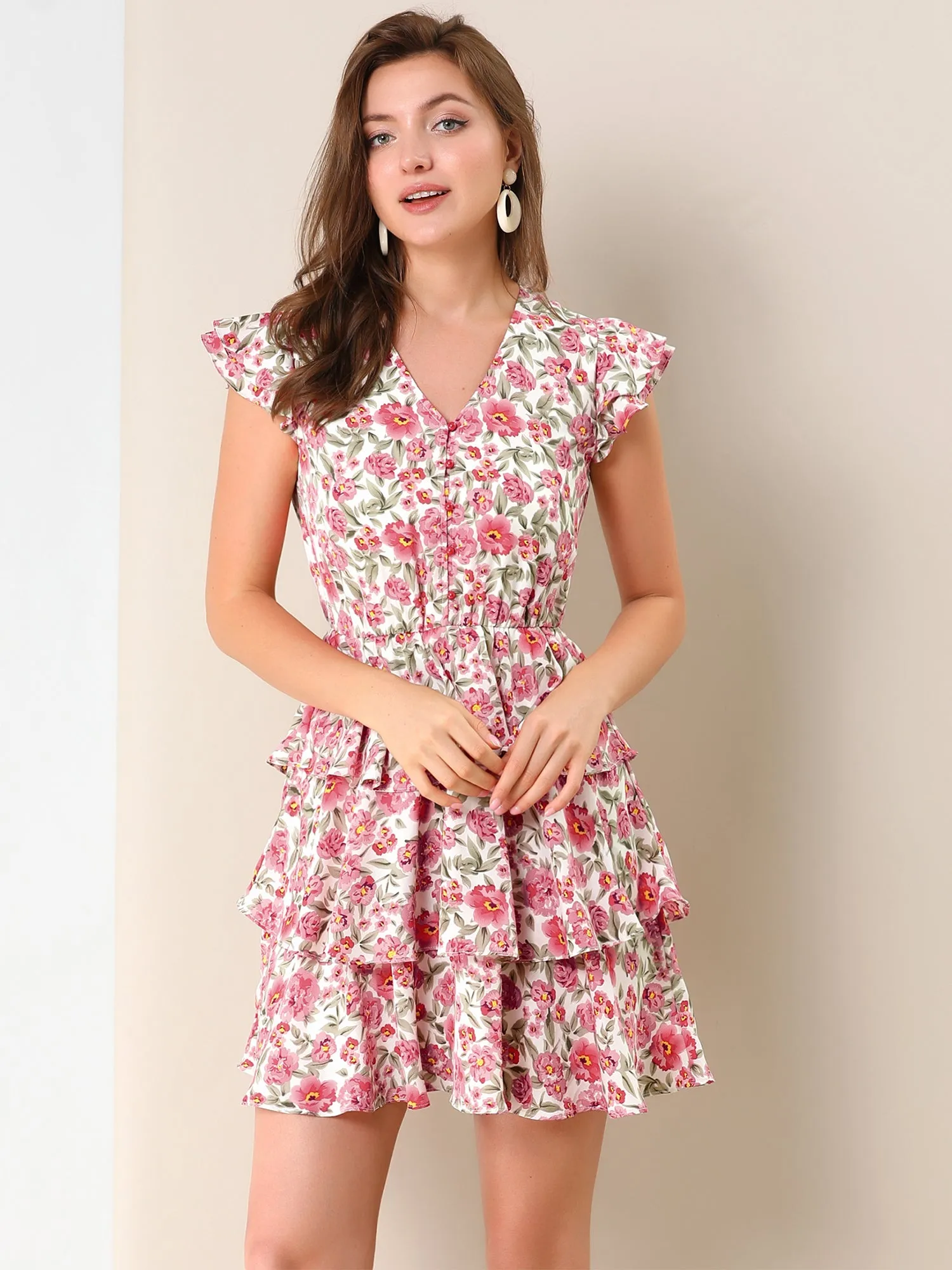 V Neck Layered Cap Sleeve Ruffle Valentine's Day Floral Mini Dress sold by Allegra K product image thumbnail 2