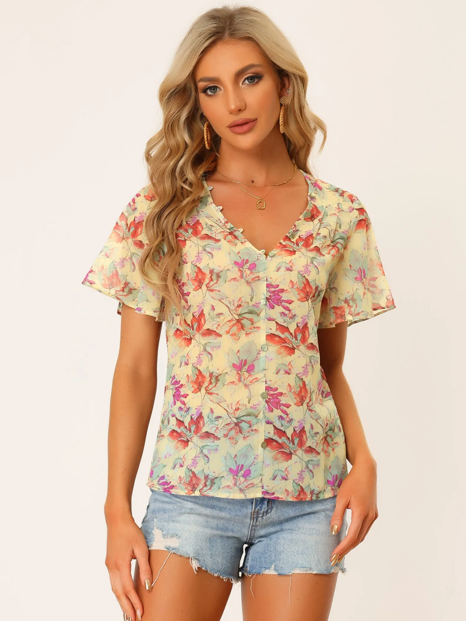 Casual Boho Floral Ruffle Sleeve Button Front Chiffon Blouse Top sold by Allegra K product image thumbnail 2