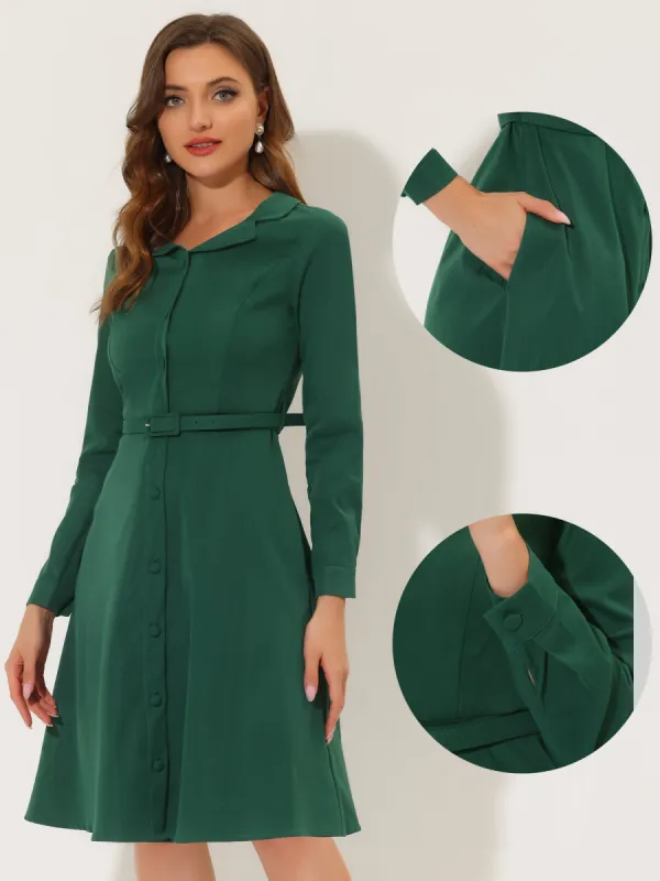 Belted Flat Collar Long Sleeve 1950s Retro Shirt Dress sold by Allegra K