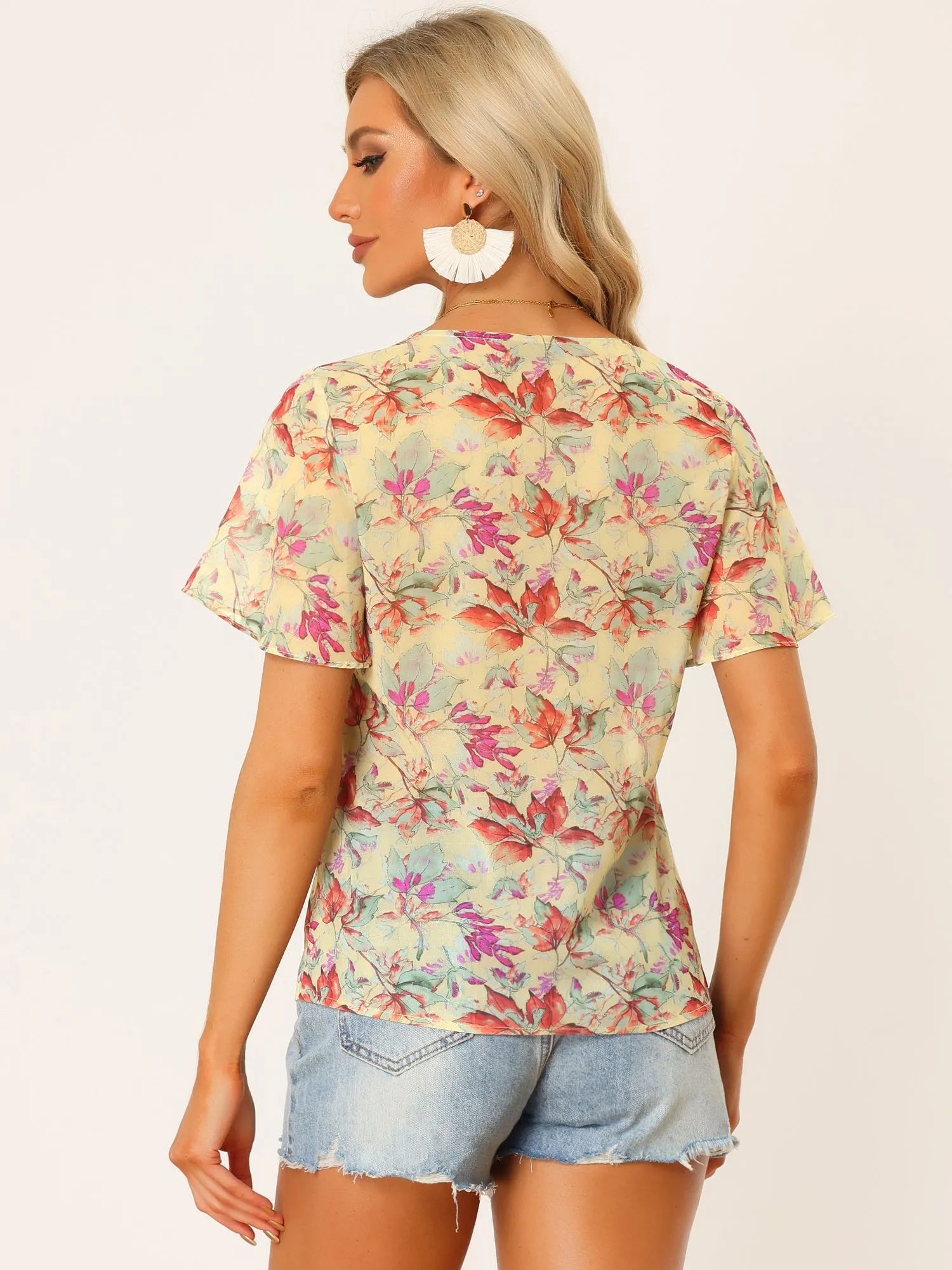 Casual Boho Floral Ruffle Sleeve Button Front Chiffon Blouse Top sold by Allegra K product image thumbnail 3