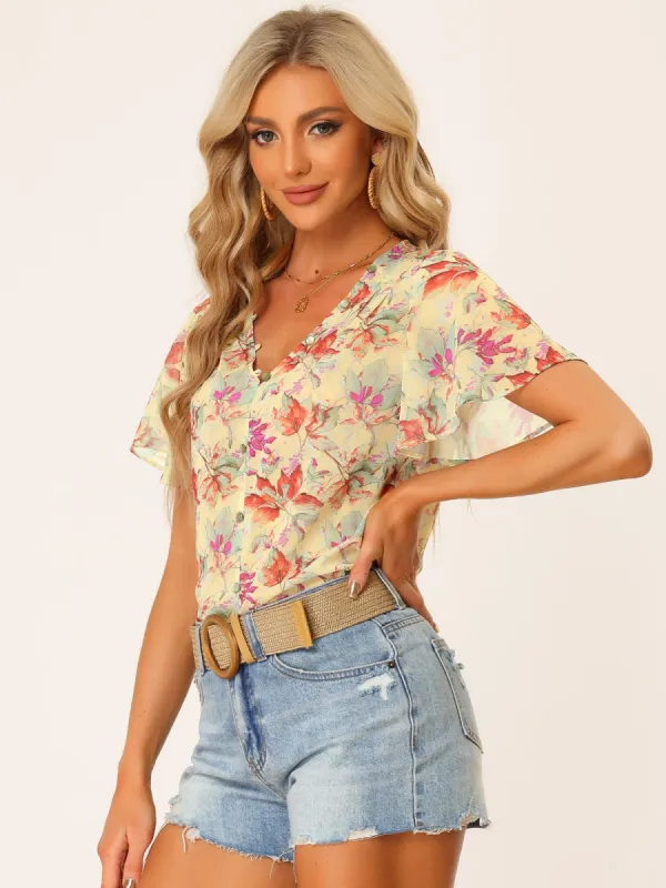 Casual Boho Floral Ruffle Sleeve Button Front Chiffon Blouse Top sold by Allegra K