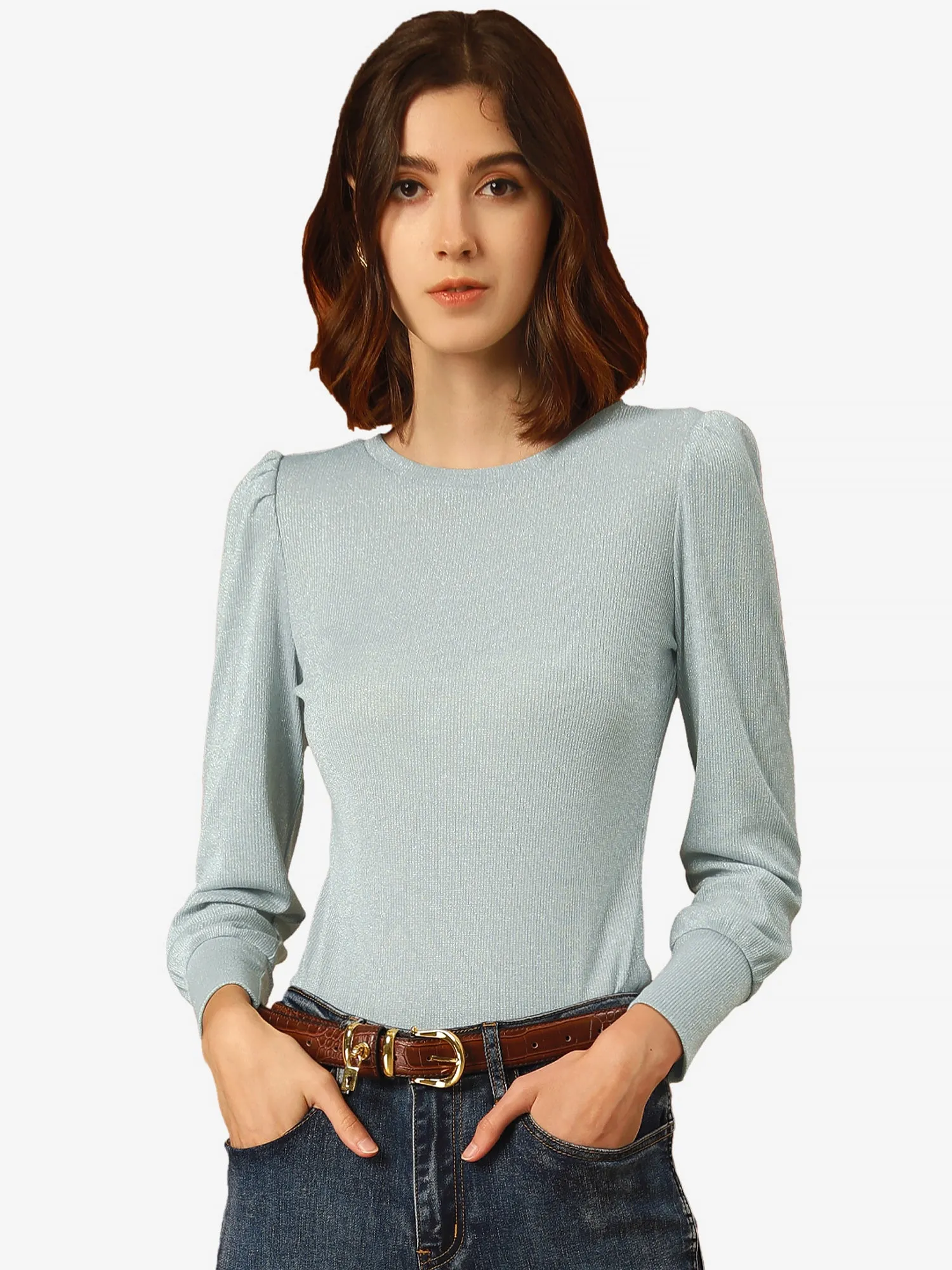 Vintage Top Blouse Crew Neck Glitter Casual Knit Shirt sold by Allegra K