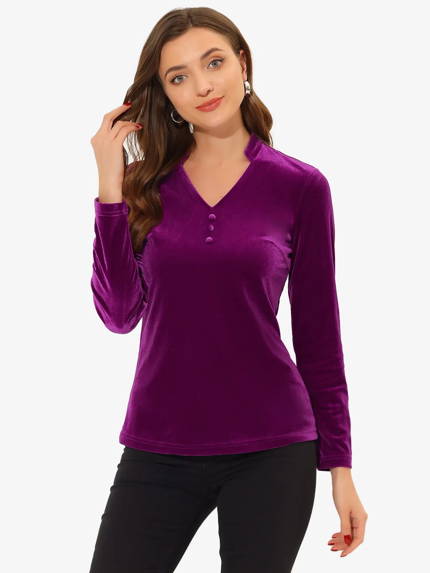 Casual Velvet Top Office Soft Long Sleeve V Neck T-Shirt sold by Allegra K