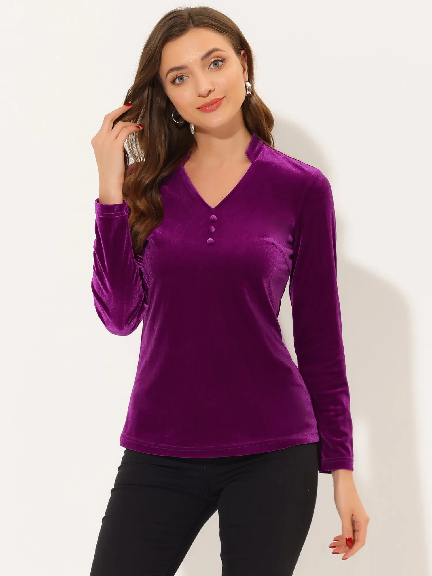 Casual Velvet Top Office Soft Long Sleeve V Neck T-Shirt sold by Allegra K product image thumbnail 5