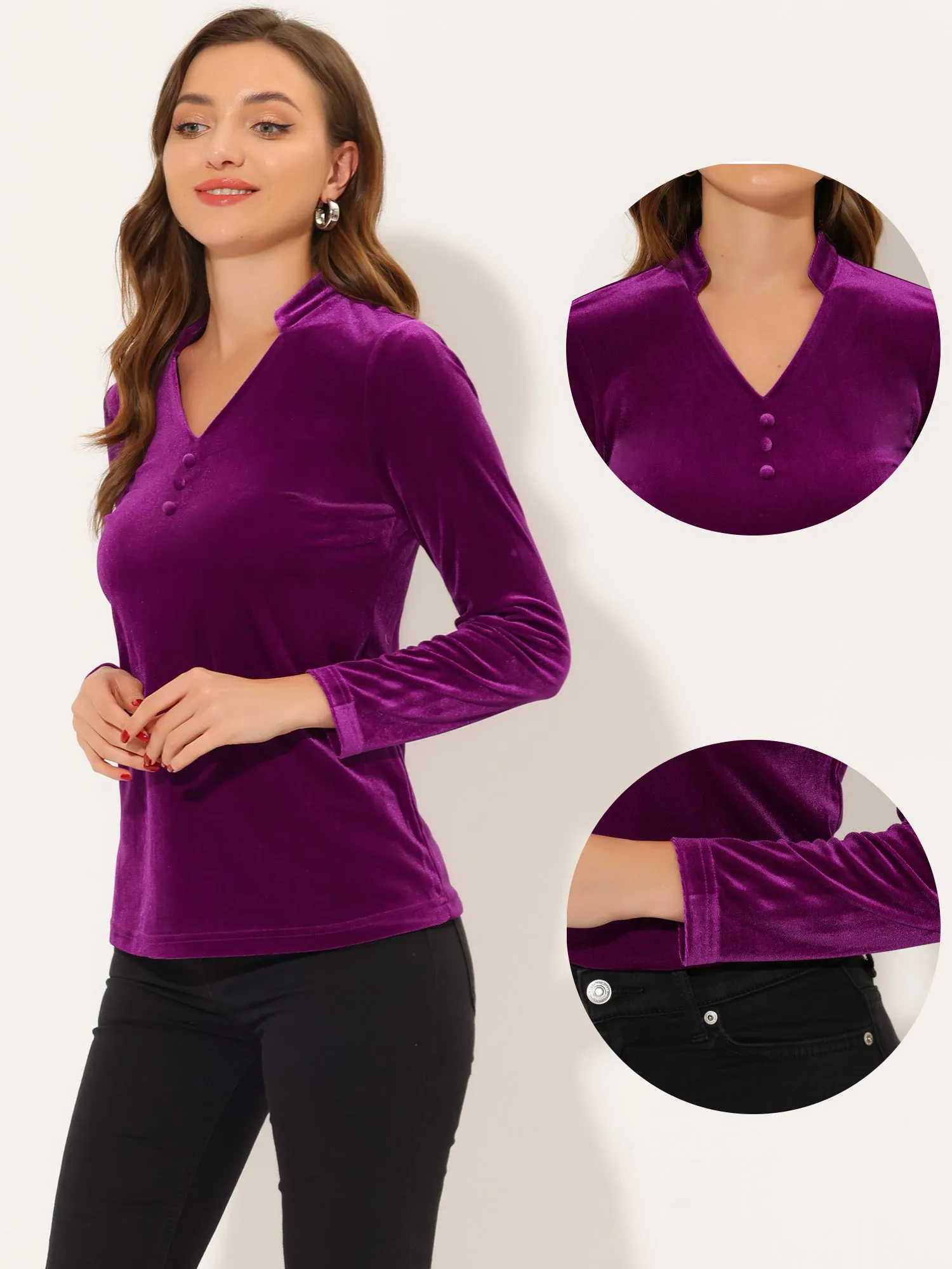 Casual Velvet Top Office Soft Long Sleeve V Neck T-Shirt sold by Allegra K product image thumbnail 2