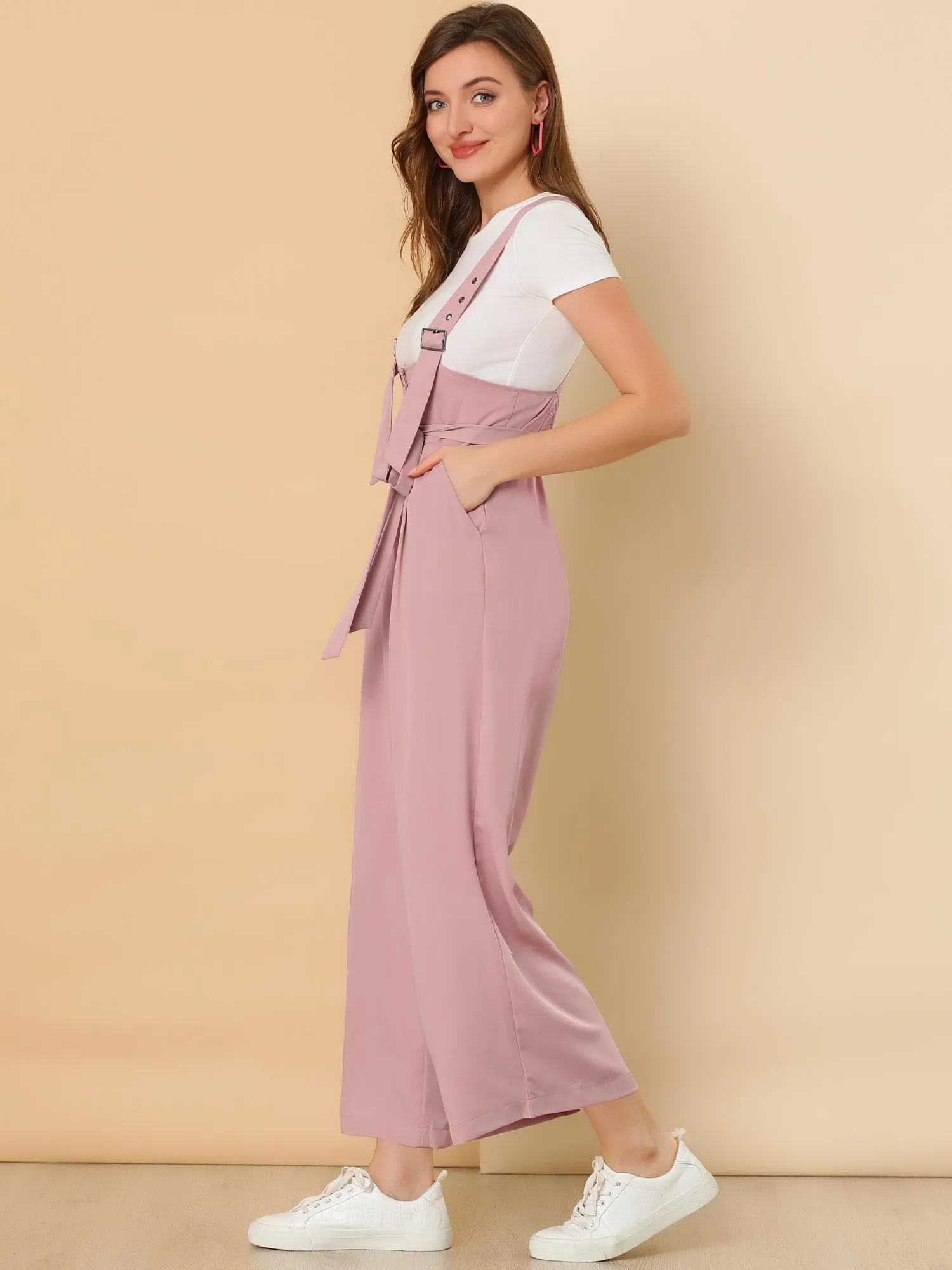 High Waist Wide Leg Belted Jumpsuit Button Long Overalls sold by Allegra K product image thumbnail 4