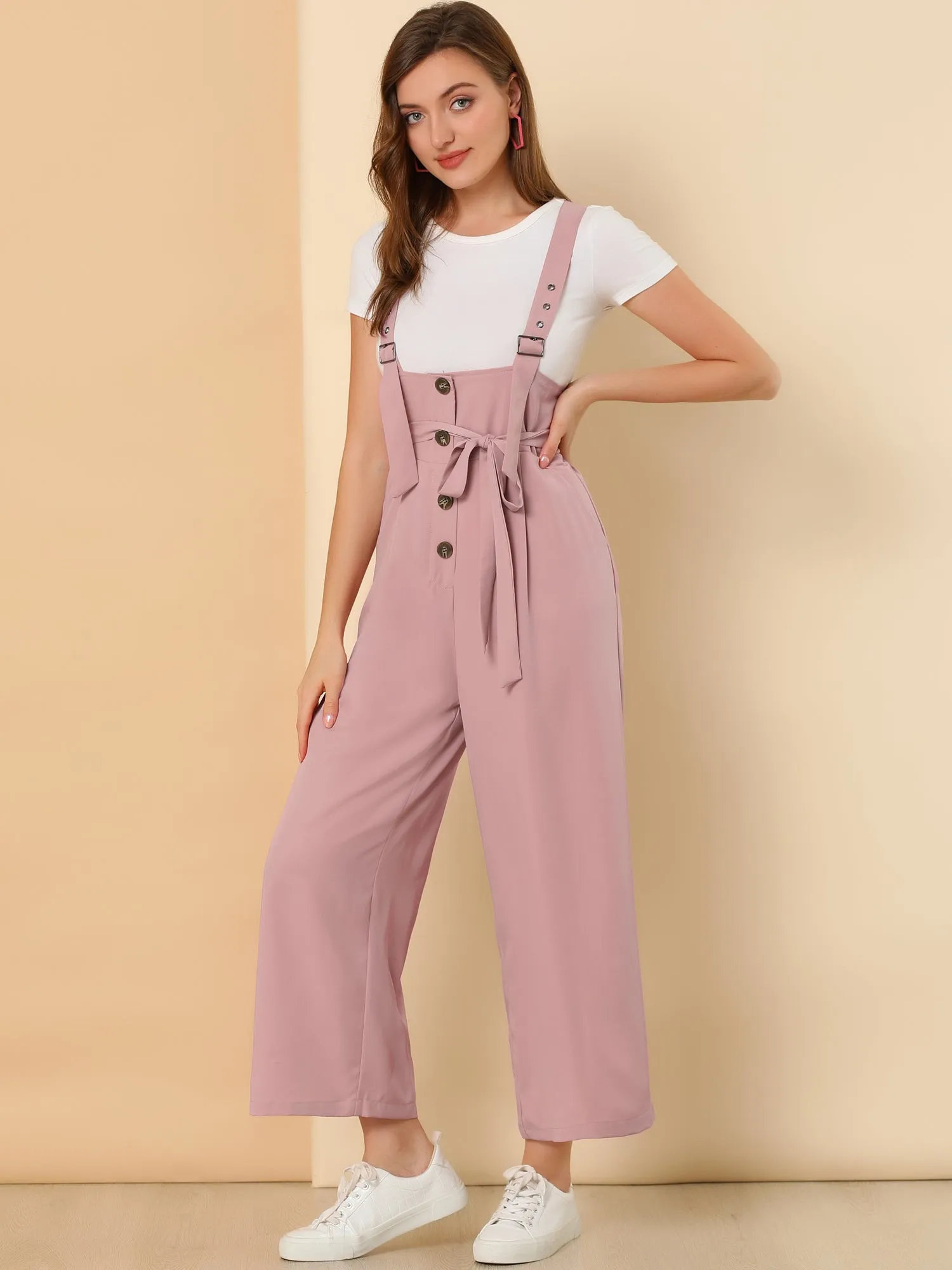 High Waist Wide Leg Belted Jumpsuit Button Long Overalls sold by Allegra K product image thumbnail 3