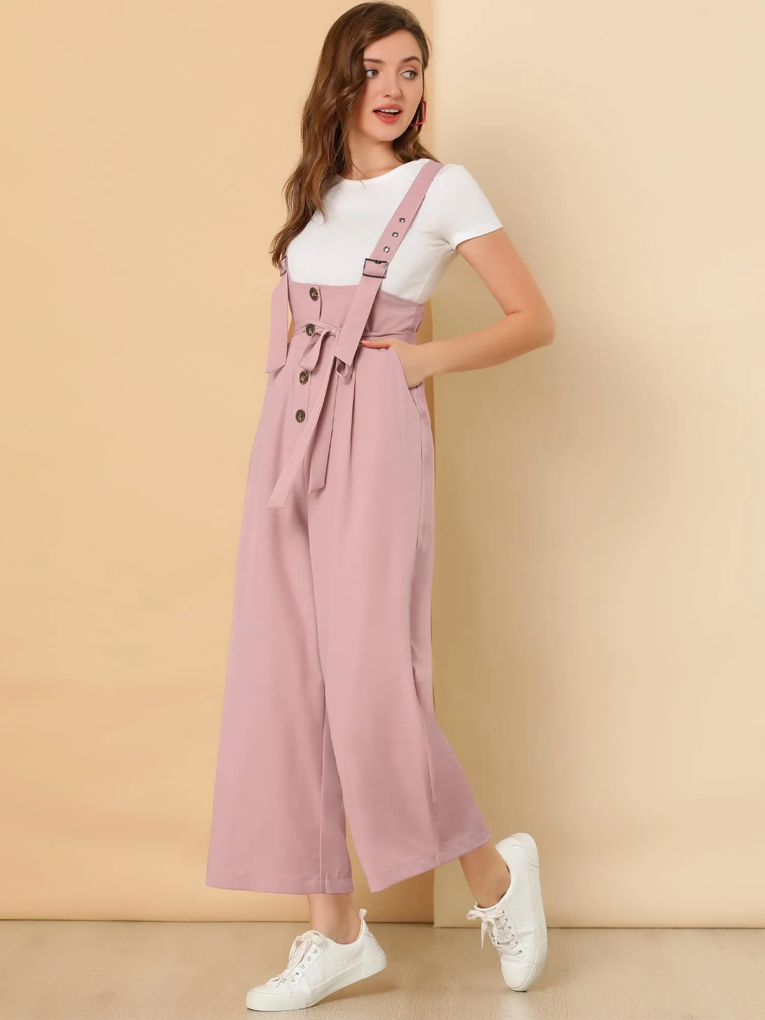 High Waist Wide Leg Belted Jumpsuit Button Long Overalls sold by Allegra K product image thumbnail 2