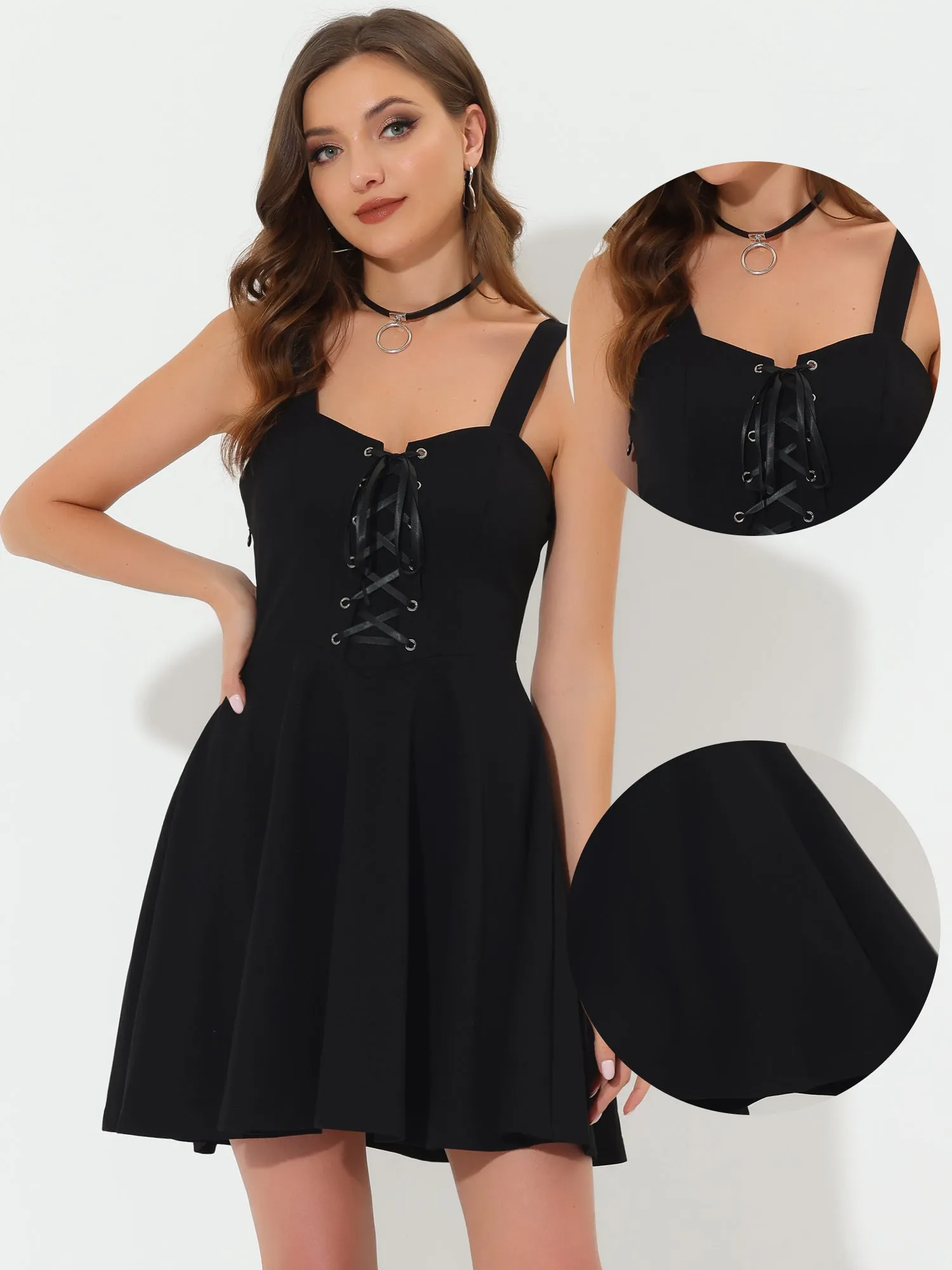 Gothic Halloween Steampunk Lace Up Mini Sleeveless Cami Dress sold by Allegra K