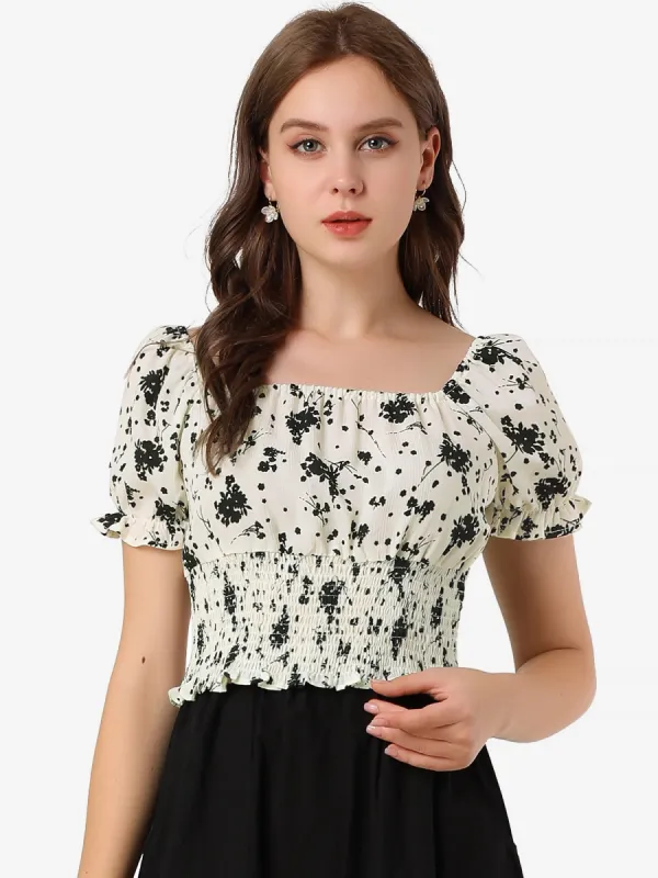 Floral Square Neck Puff Short Sleeve Ruffle Hem Smocked Crop Top sold by Allegra K