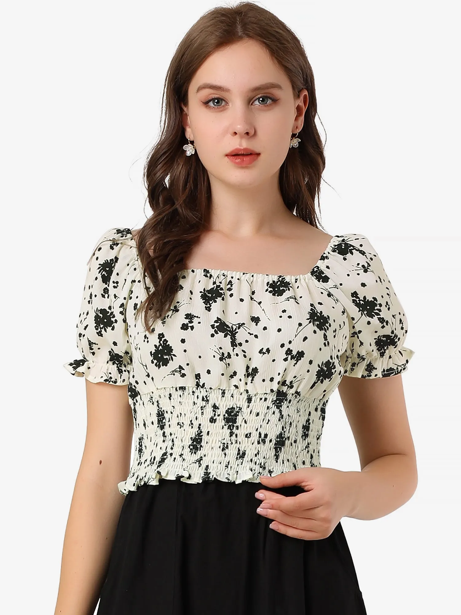 Floral Square Neck Puff Short Sleeve Ruffle Hem Smocked Crop Top sold by Allegra K