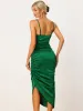 Satin Deep V Neck High Low Spaghetti Strap Ruched Bodycon Midi Dress sold by Allegra K