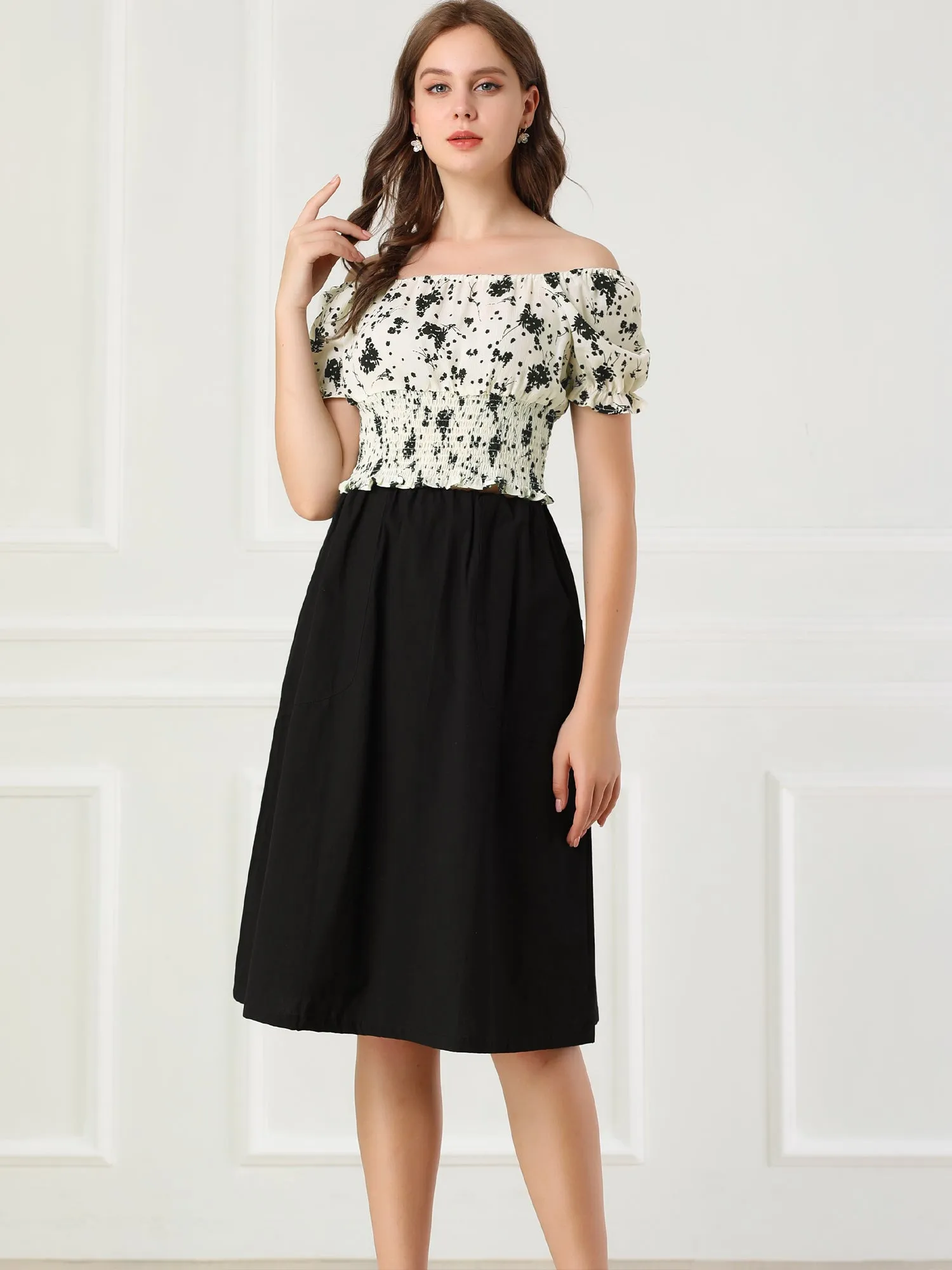 Floral Square Neck Puff Short Sleeve Ruffle Hem Smocked Crop Top sold by Allegra K product image thumbnail 3