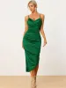 Satin Deep V Neck High Low Spaghetti Strap Ruched Bodycon Midi Dress sold by Allegra K