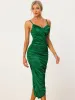 Satin Deep V Neck High Low Spaghetti Strap Ruched Bodycon Midi Dress sold by Allegra K