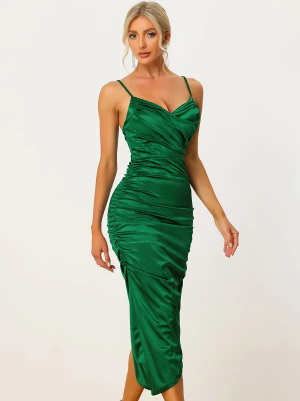 Satin Deep V Neck High Low Spaghetti Strap Ruched Bodycon Midi Dress sold by Allegra K