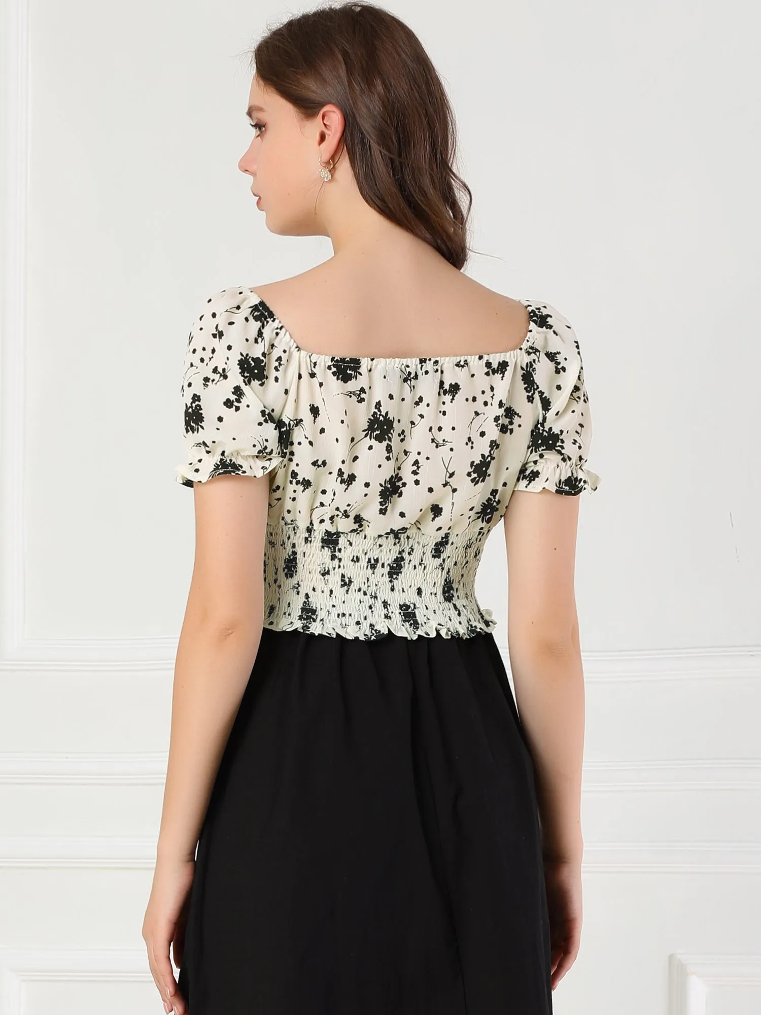 Floral Square Neck Puff Short Sleeve Ruffle Hem Smocked Crop Top sold by Allegra K product image thumbnail 5