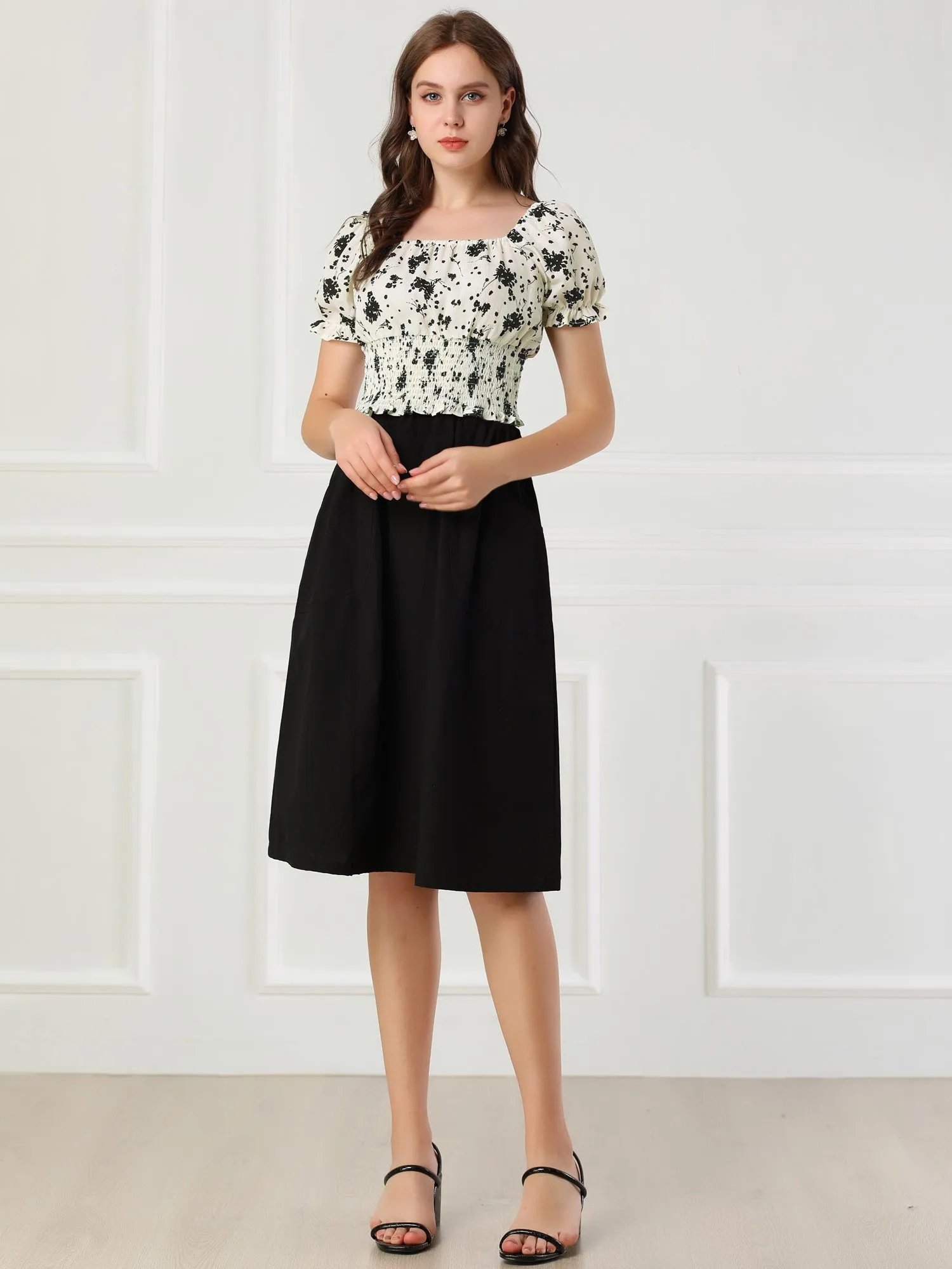 Floral Square Neck Puff Short Sleeve Ruffle Hem Smocked Crop Top sold by Allegra K product image thumbnail 4