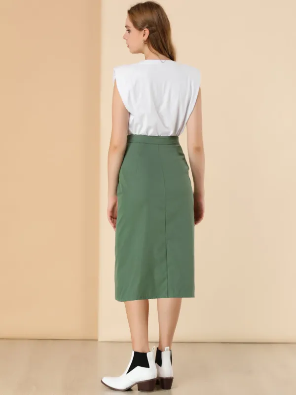 High Waist Front Slit Button Closure Patch Pocket Midi Pencil Skirt sold by Allegra K