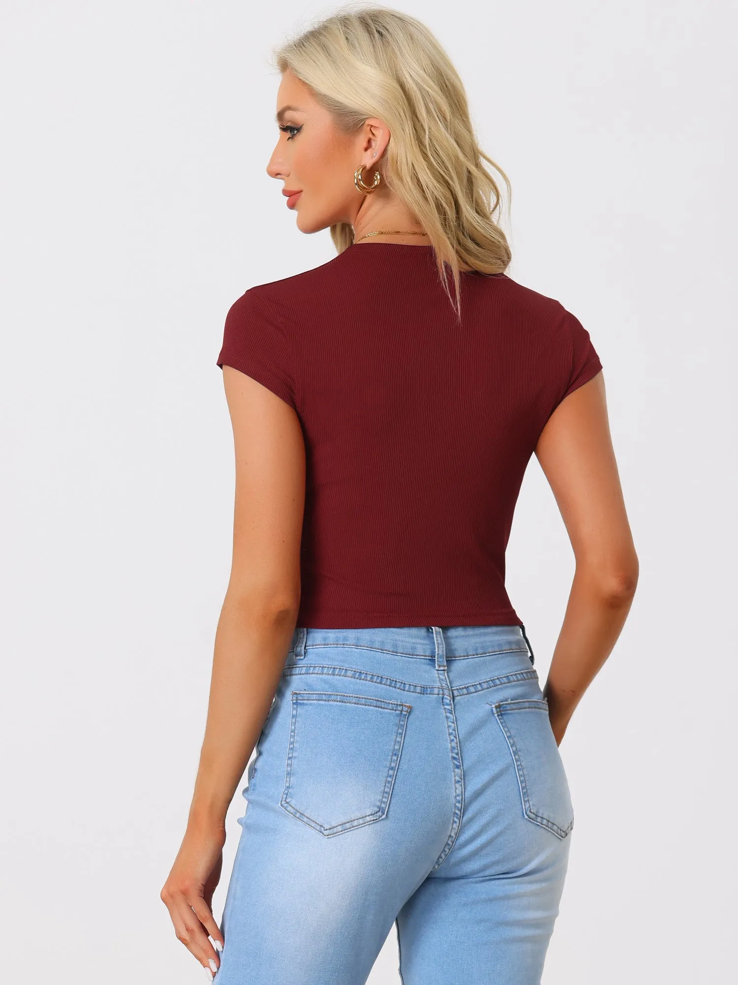 Women's Casual Crew Neck Cap Sleeves Basic Solid Crop Top sold by Allegra K product image thumbnail 3