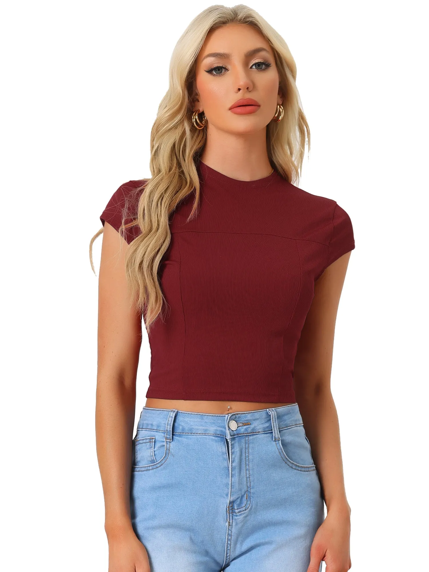 Women's Casual Crew Neck Cap Sleeves Basic Solid Crop Top sold by Allegra K product image thumbnail 5