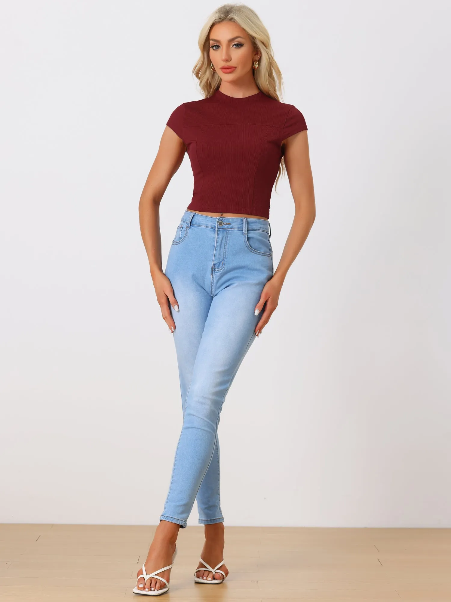 Women's Casual Crew Neck Cap Sleeves Basic Solid Crop Top sold by Allegra K product image thumbnail 2