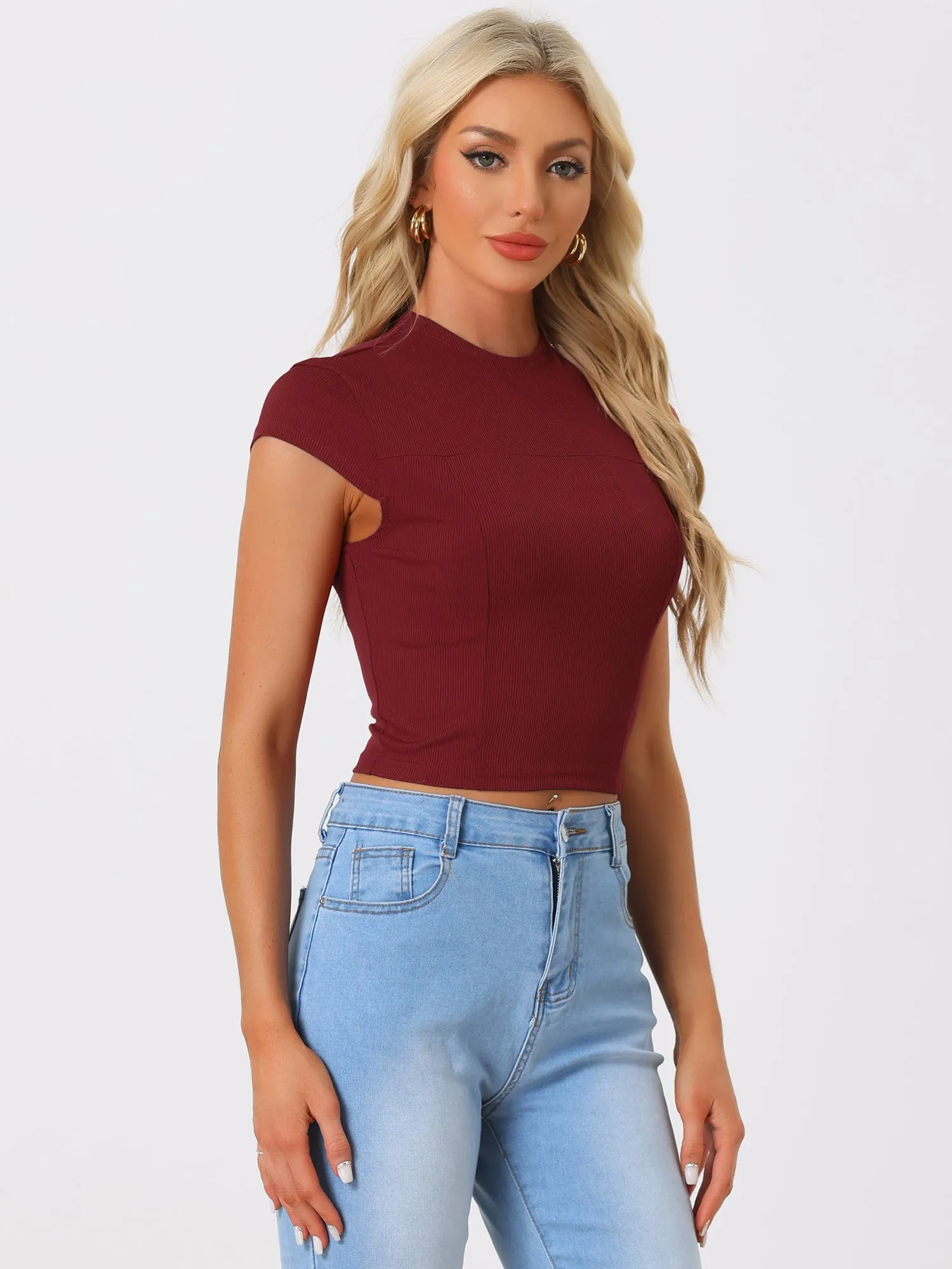Women's Casual Crew Neck Cap Sleeves Basic Solid Crop Top sold by Allegra K