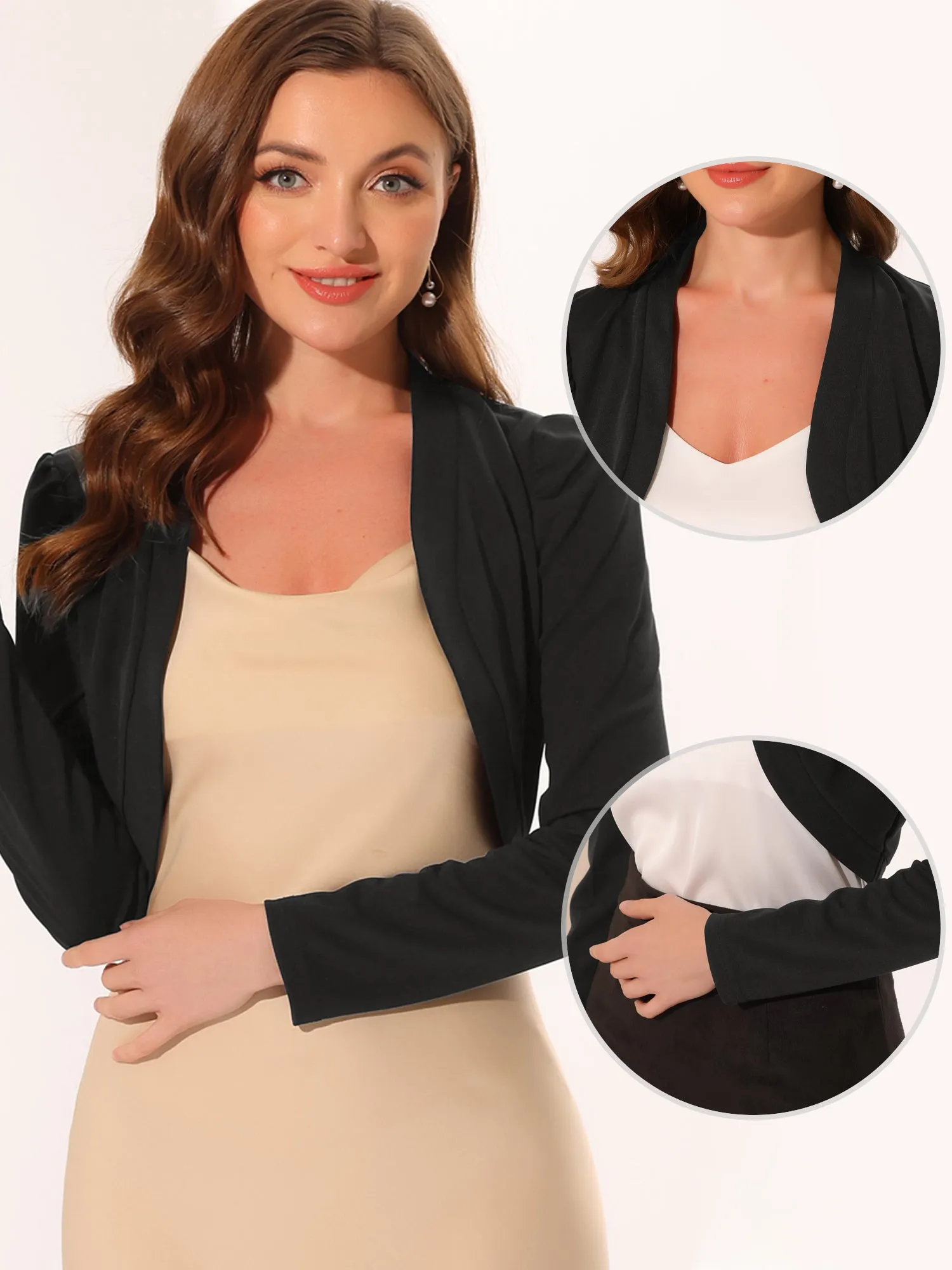 Open Front Bolero Long Sleeve Shrug Curved Hem Crop Top Cardigan sold by Allegra K product image thumbnail 2