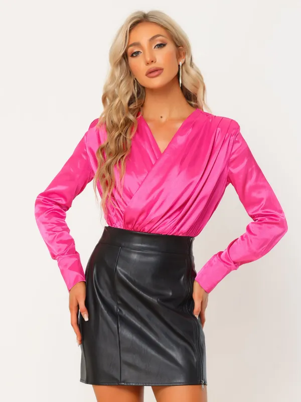 Wrap V Neck Long Sleeve Leotard Shirts Vintage Satin Bodysuit made by Allegra K