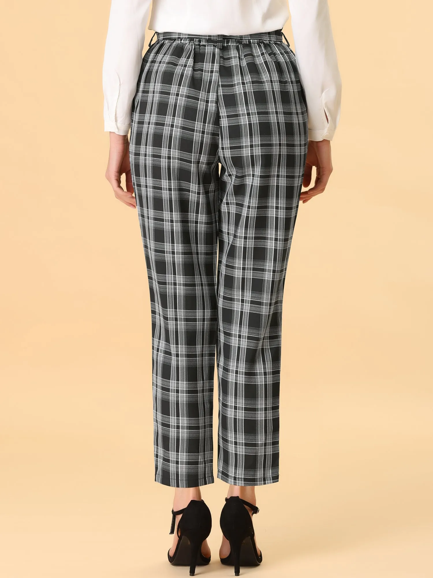 High Waist Trousers Belted Straight Leg Office Work Plaid Paper Bag Pants sold by Allegra K product image thumbnail 4