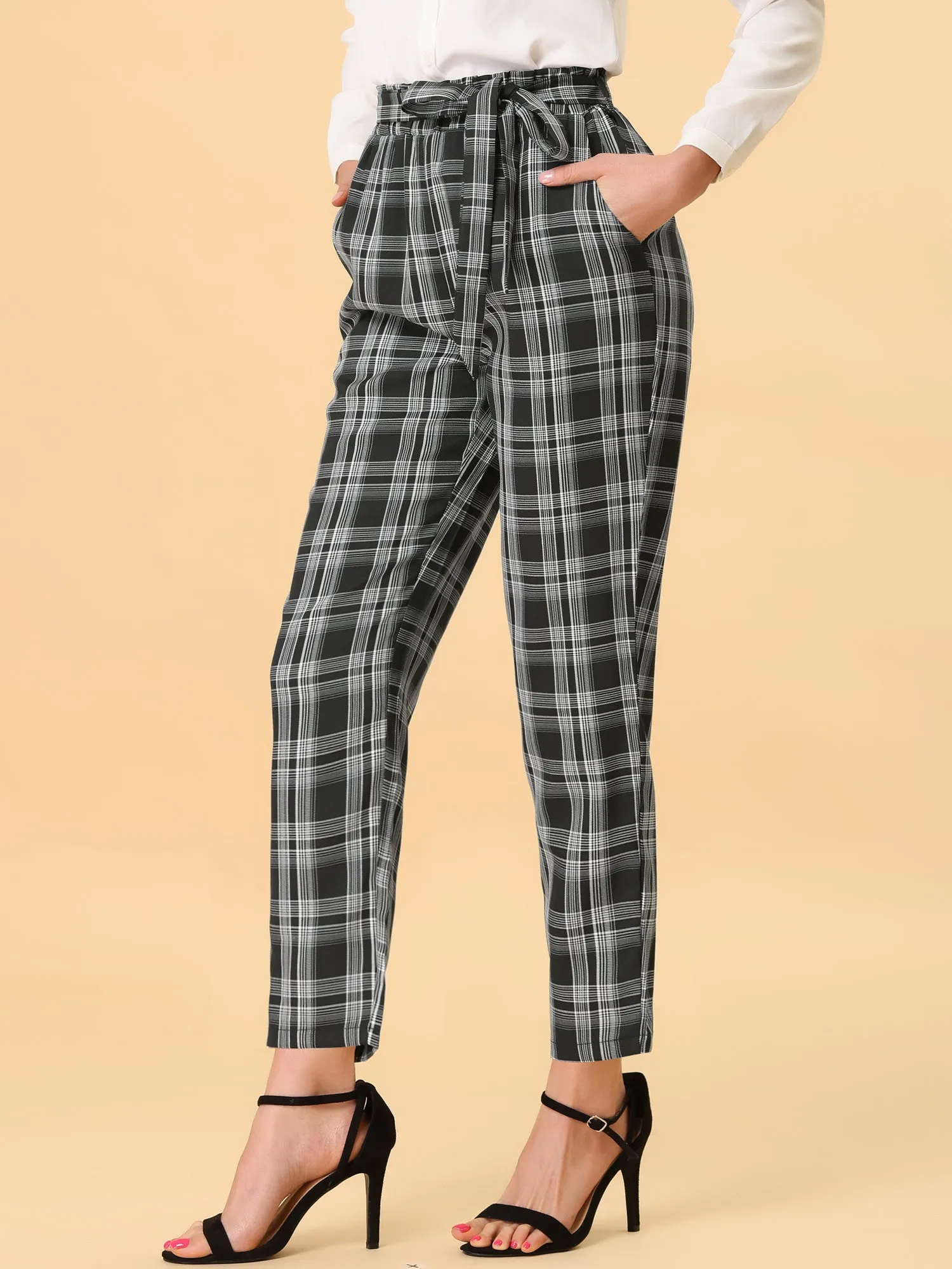 High Waist Trousers Belted Straight Leg Office Work Plaid Paper Bag Pants sold by Allegra K product image thumbnail 3