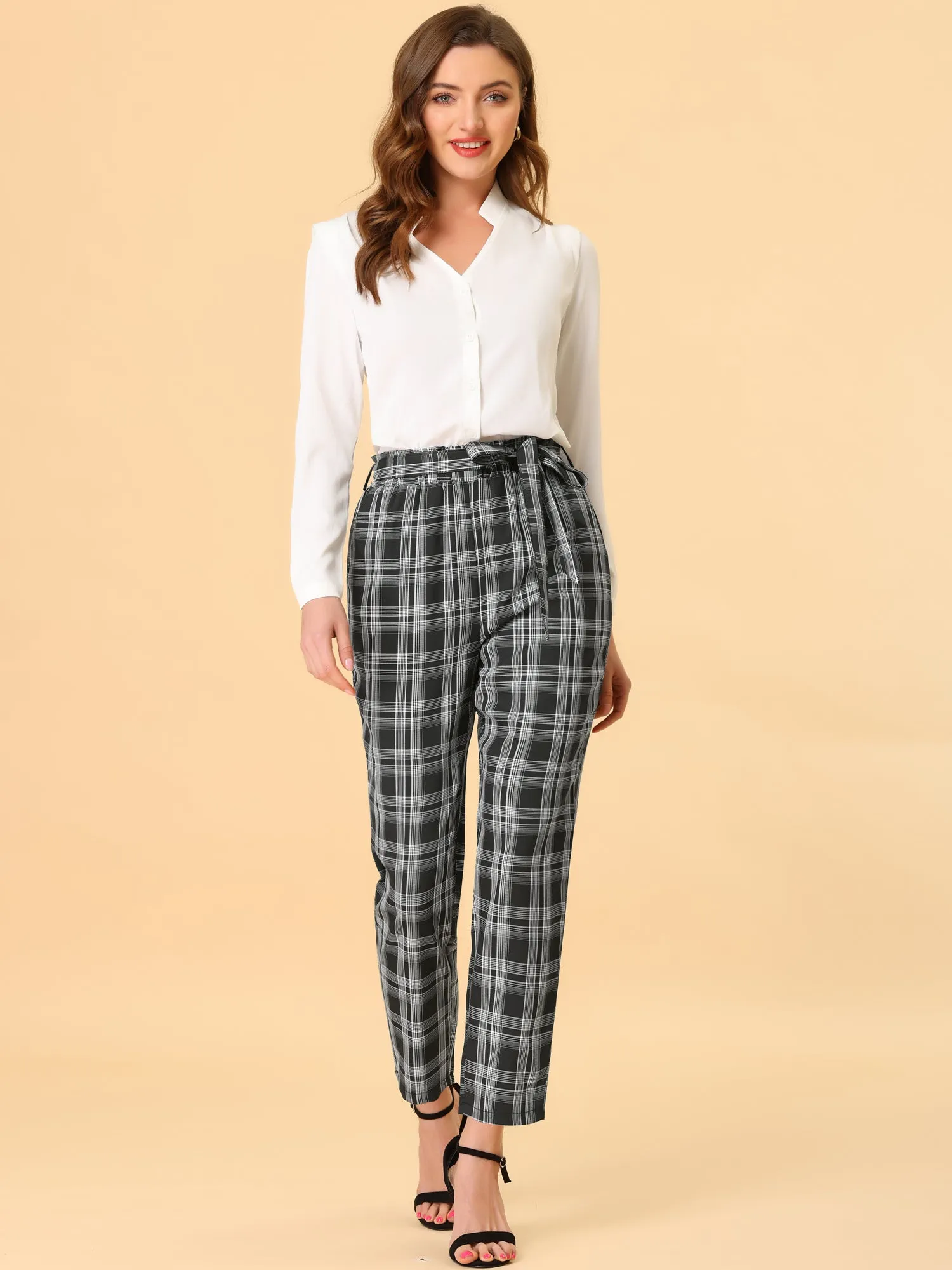 High Waist Trousers Belted Straight Leg Office Work Plaid Paper Bag Pants sold by Allegra K product image thumbnail 2