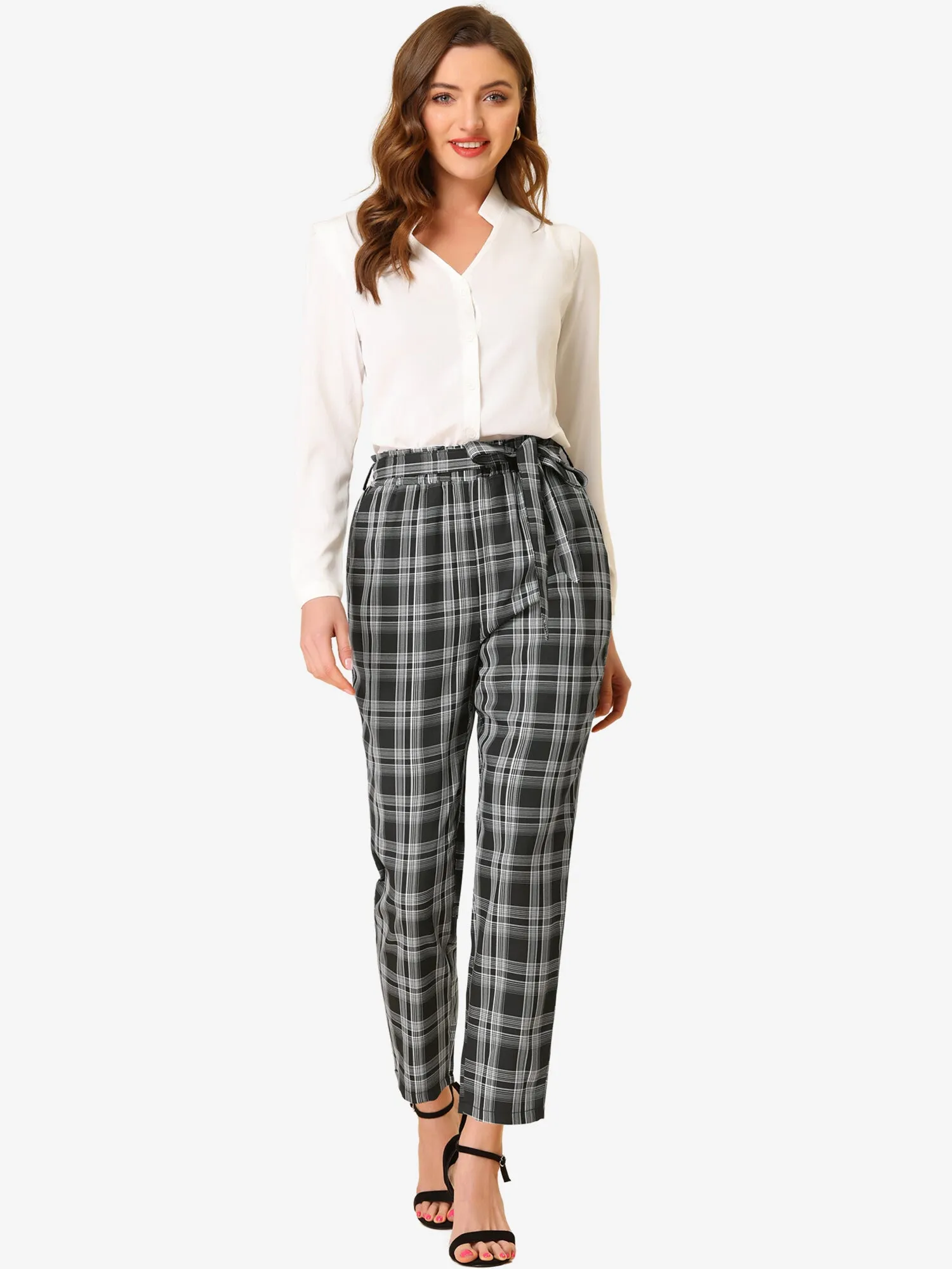 High Waist Trousers Belted Straight Leg Office Work Plaid Paper Bag Pants sold by Allegra K