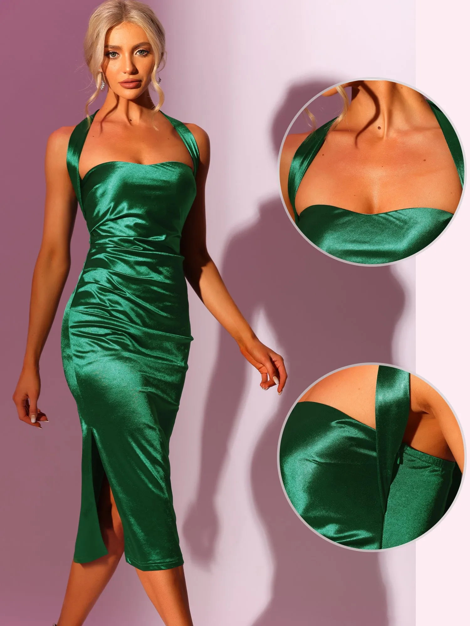 Satin Halter Neck Ruched Backless Elegant Evening Dress sold by Allegra K