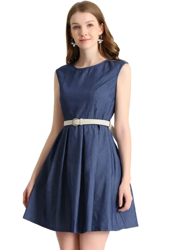 Round Neck Sleeveless Belt Flared Above Knee Chambray Dresses sold by Allegra K