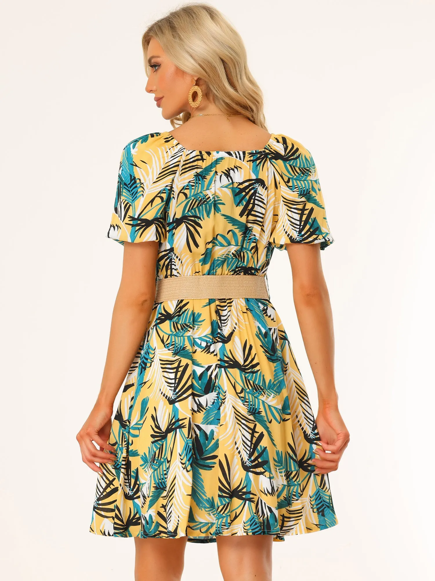 Hawaiian Short Puff Sleeve Square Neck Tropical Floral A-Line Dress sold by Allegra K product image thumbnail 3