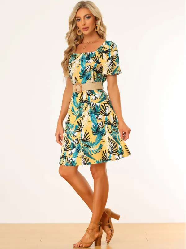 Hawaiian Short Puff Sleeve Square Neck Tropical Floral A-Line Dress sold by Allegra K