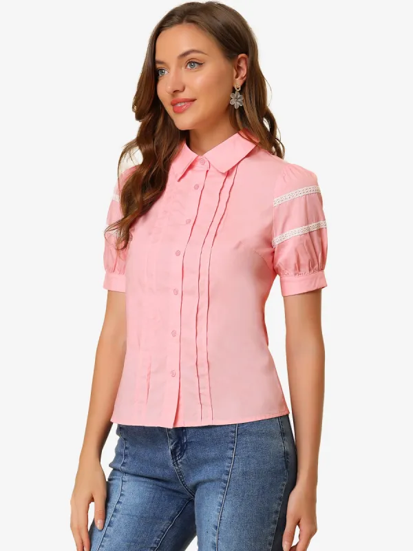 Button Up Shirt Pleated Puff Sleeve Blouse sold by Allegra K