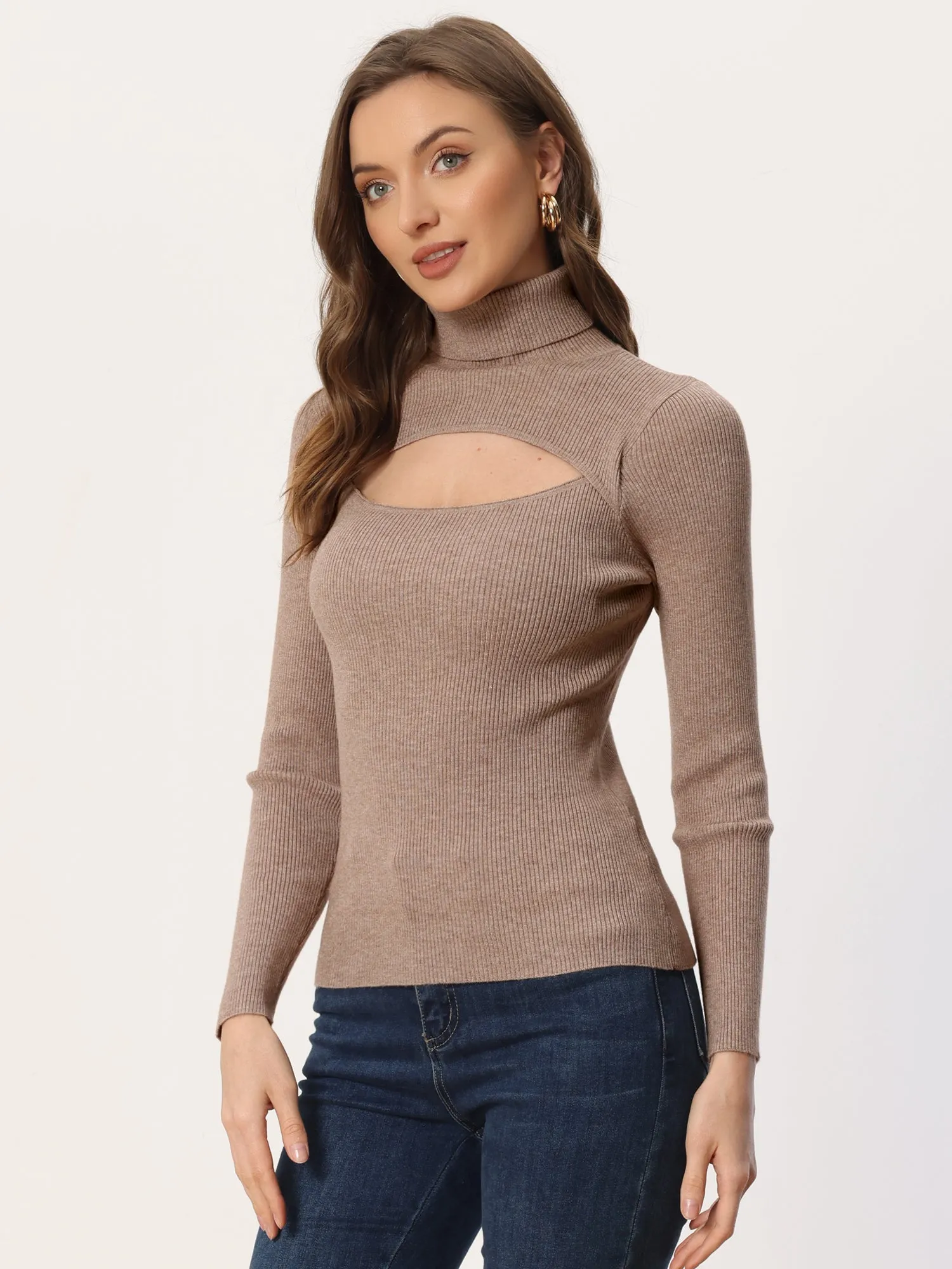 Turtleneck Knit Sweater Long Sleeve Hollow Out Sexy Fit Pullover Tops sold by Allegra K