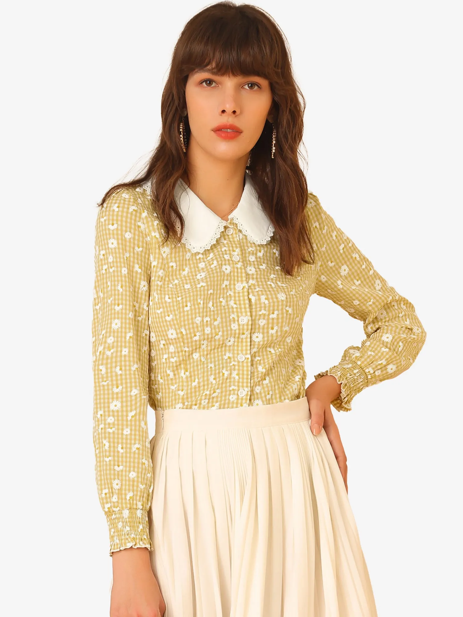 Contrast Peter Pan Collar Button Front Plaid Daisy Print Blouse Top sold by Allegra K