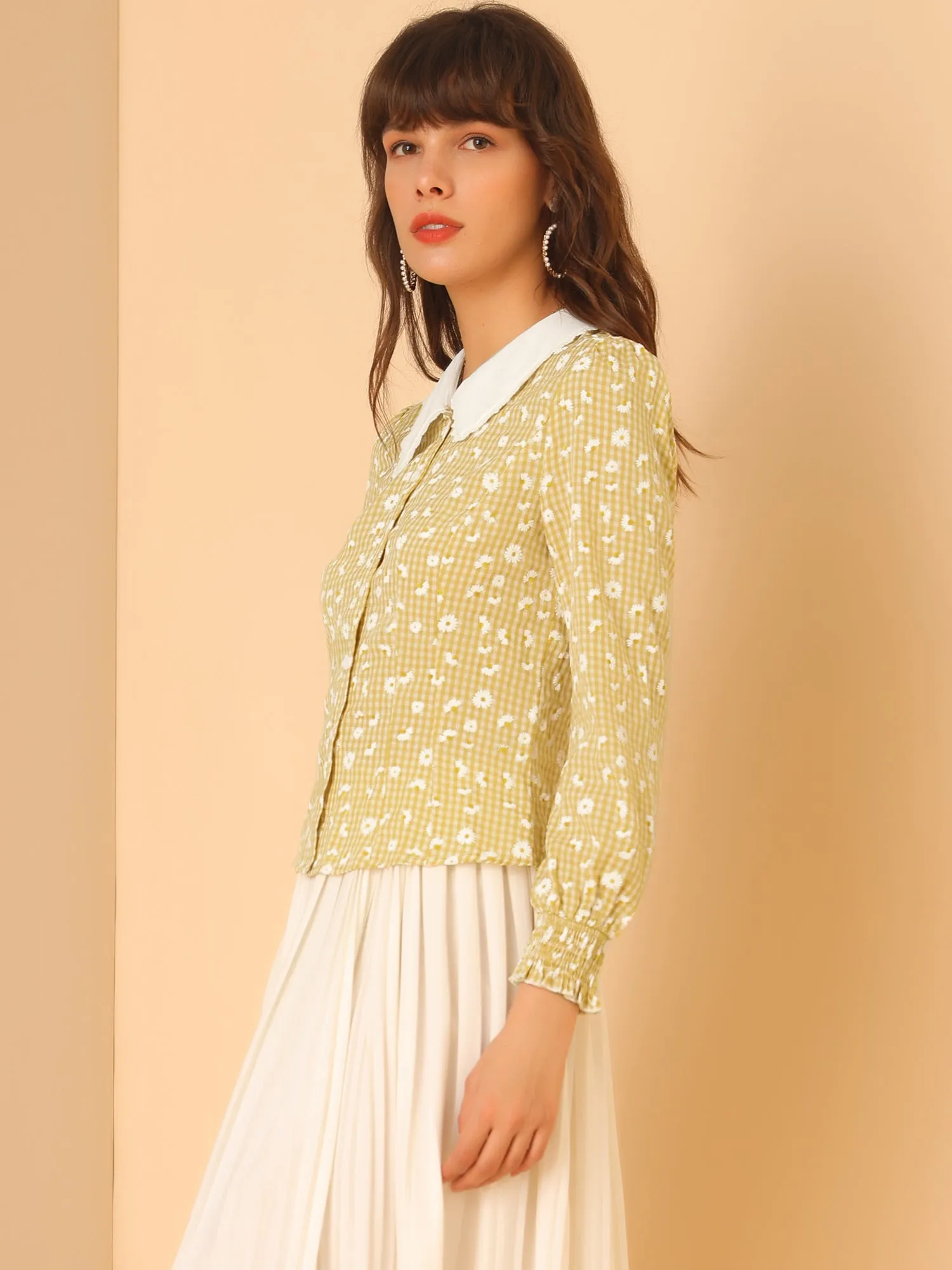 Contrast Peter Pan Collar Button Front Plaid Daisy Print Blouse Top sold by Allegra K product image thumbnail 4