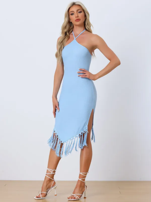 Elegant Halter Straps Sleeveless Tassels Bodycon Midi Dress sold by Allegra K