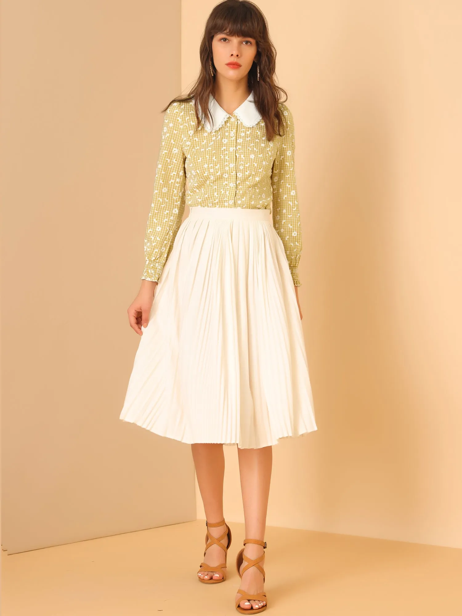 Contrast Peter Pan Collar Button Front Plaid Daisy Print Blouse Top sold by Allegra K product image thumbnail 3