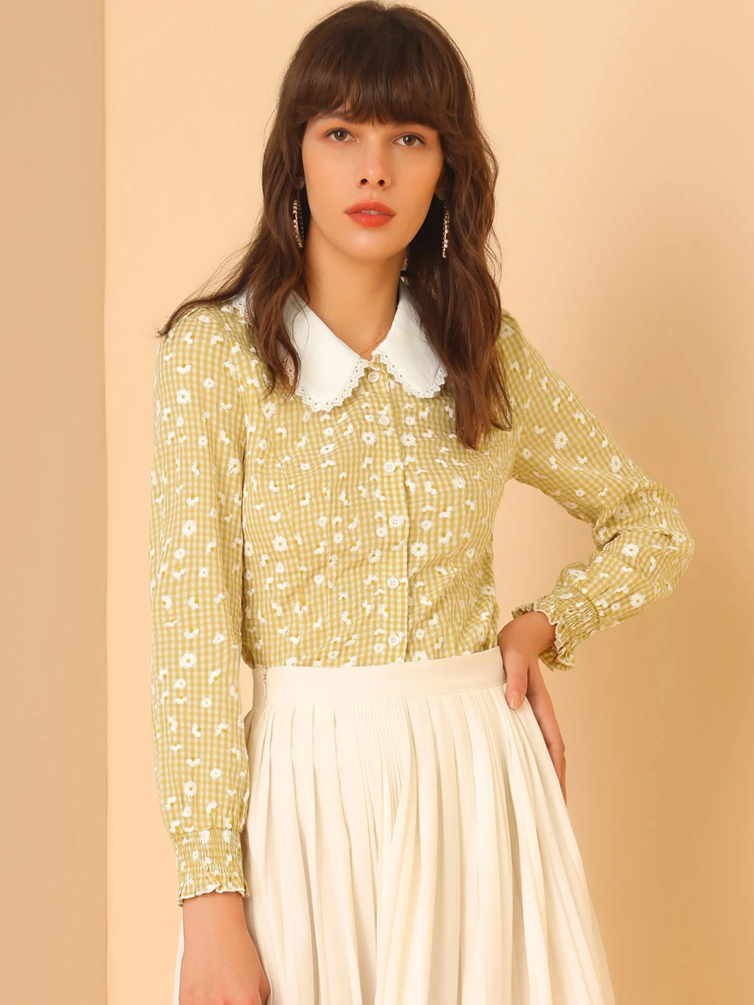 Contrast Peter Pan Collar Button Front Plaid Daisy Print Blouse Top sold by Allegra K product image thumbnail 2