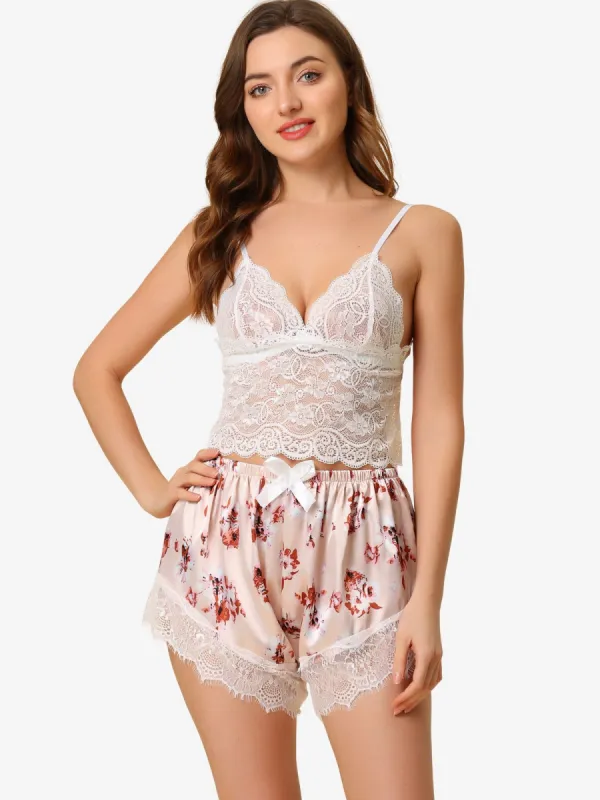Satin Lounge Cami Top and Shorts Robe Pajama Lingerie Sets sold by Allegra K