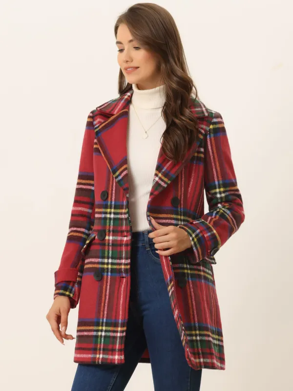 Buffalo Checks Double Breasted Notched Lapel Plaid Trench Pea Coat sold by Allegra K