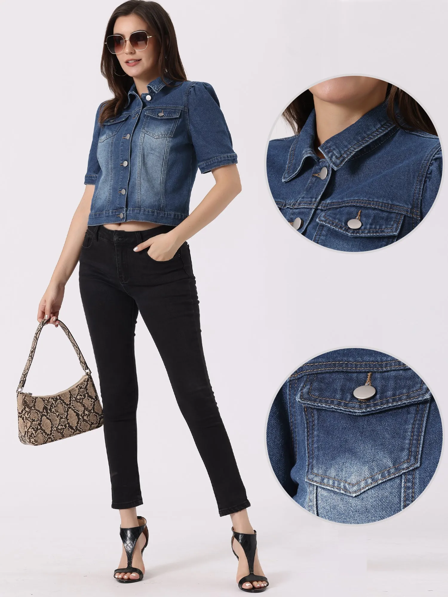 Casual Short Puff Sleeves Button-Down Jean Denim Jacket sold by Allegra K product image thumbnail 2