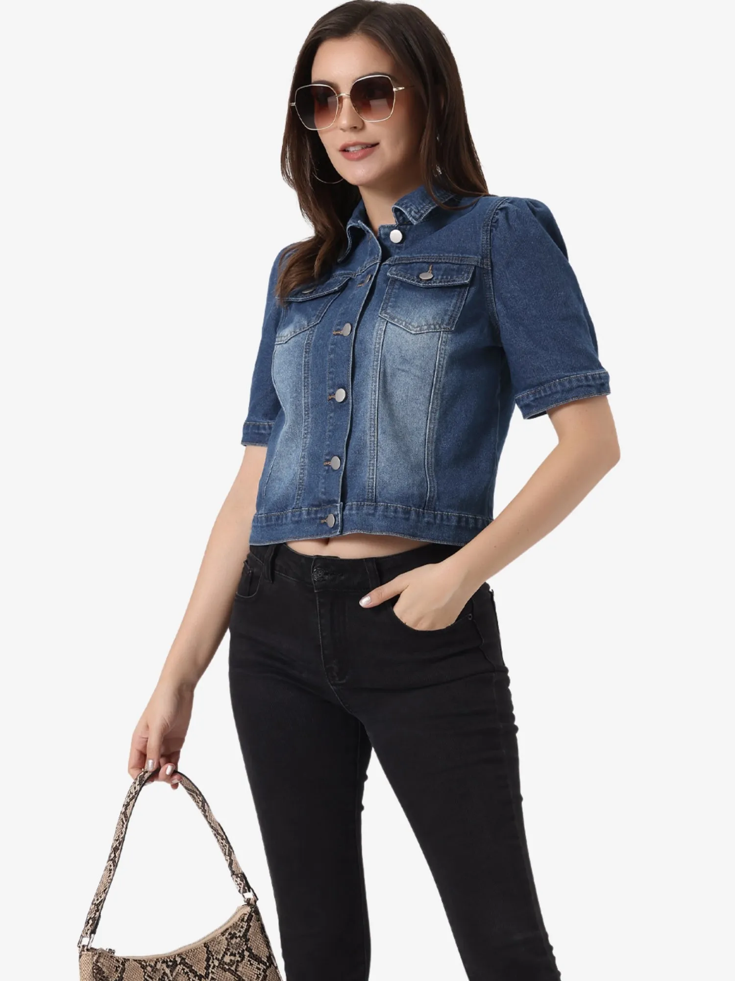 Casual Short Puff Sleeves Button-Down Jean Denim Jacket sold by Allegra K