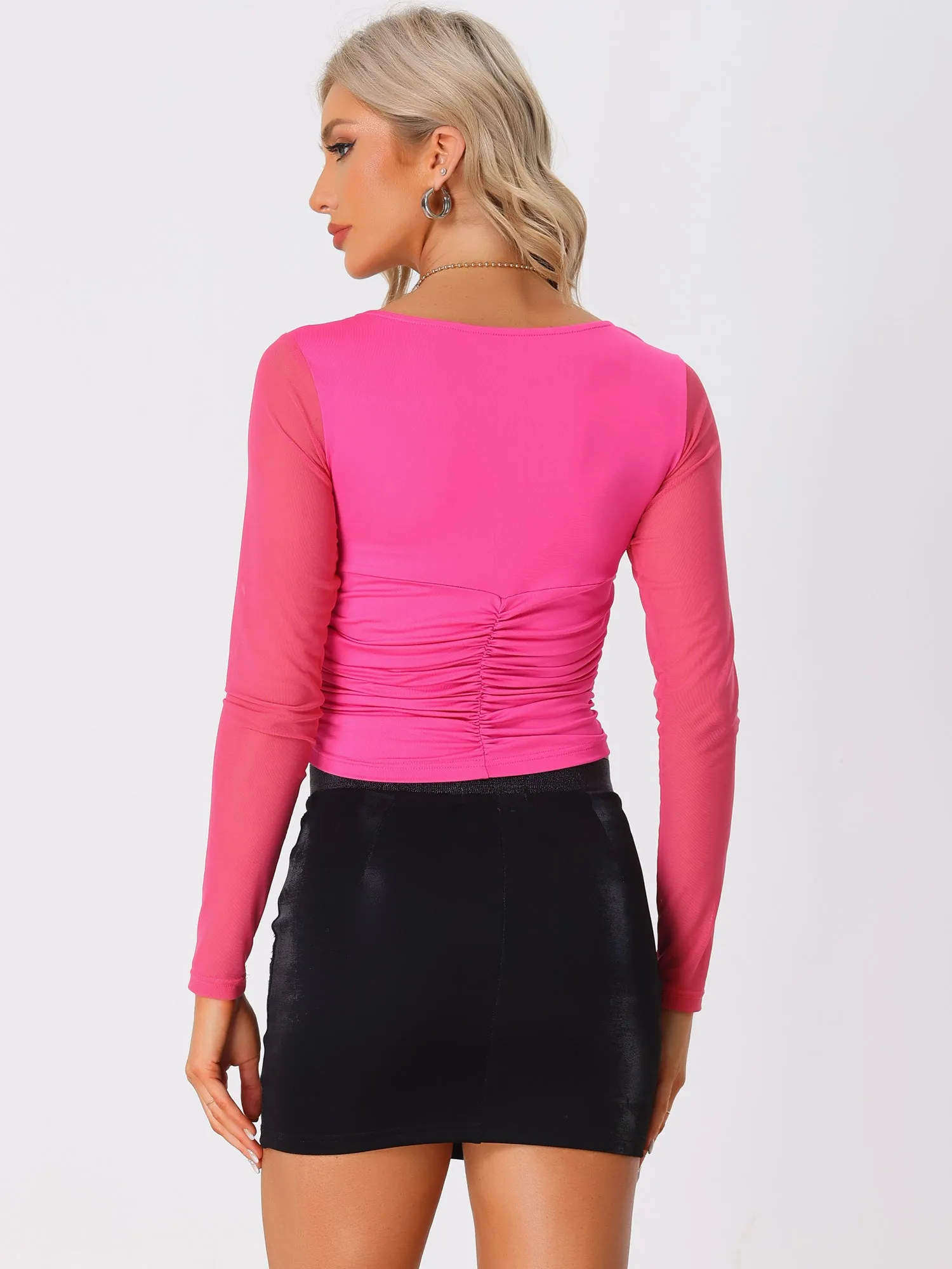 Long Sleeve Mesh Sweetheart Neck Padded Bust Ruched Blouse sold by Allegra K product image thumbnail 3