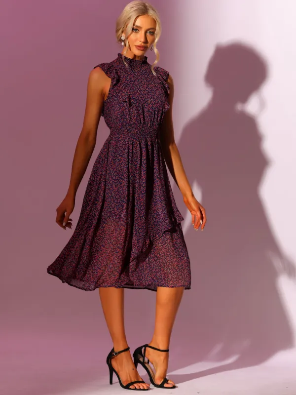 Sleeveless Midi Floral Mock Neck Smocked Waist Ruffled Flowy Dress sold by Allegra K